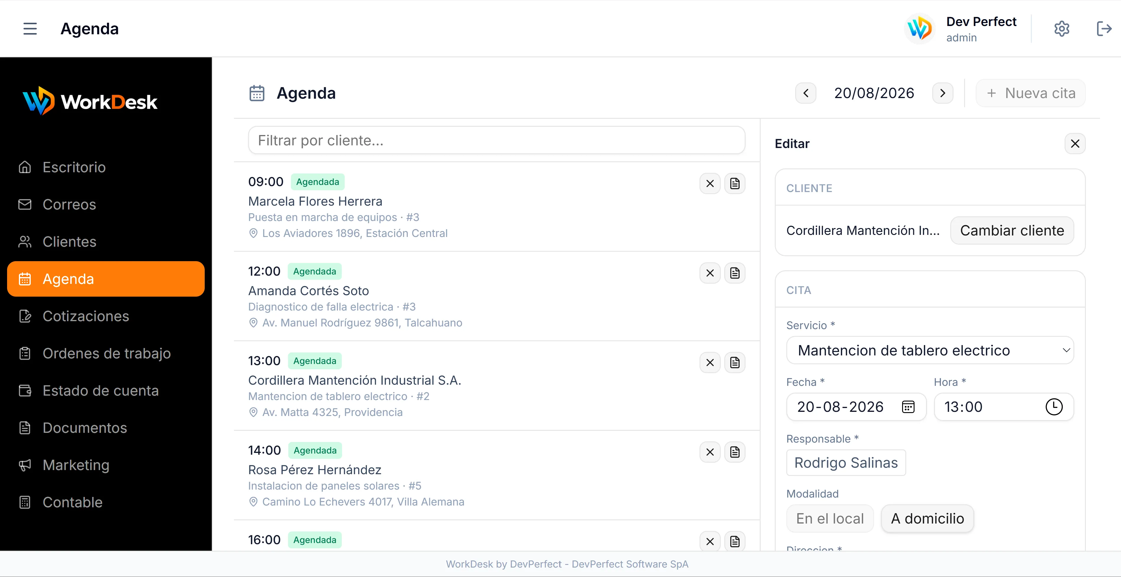 Pantalla del módulo Agenda de WorkDesk