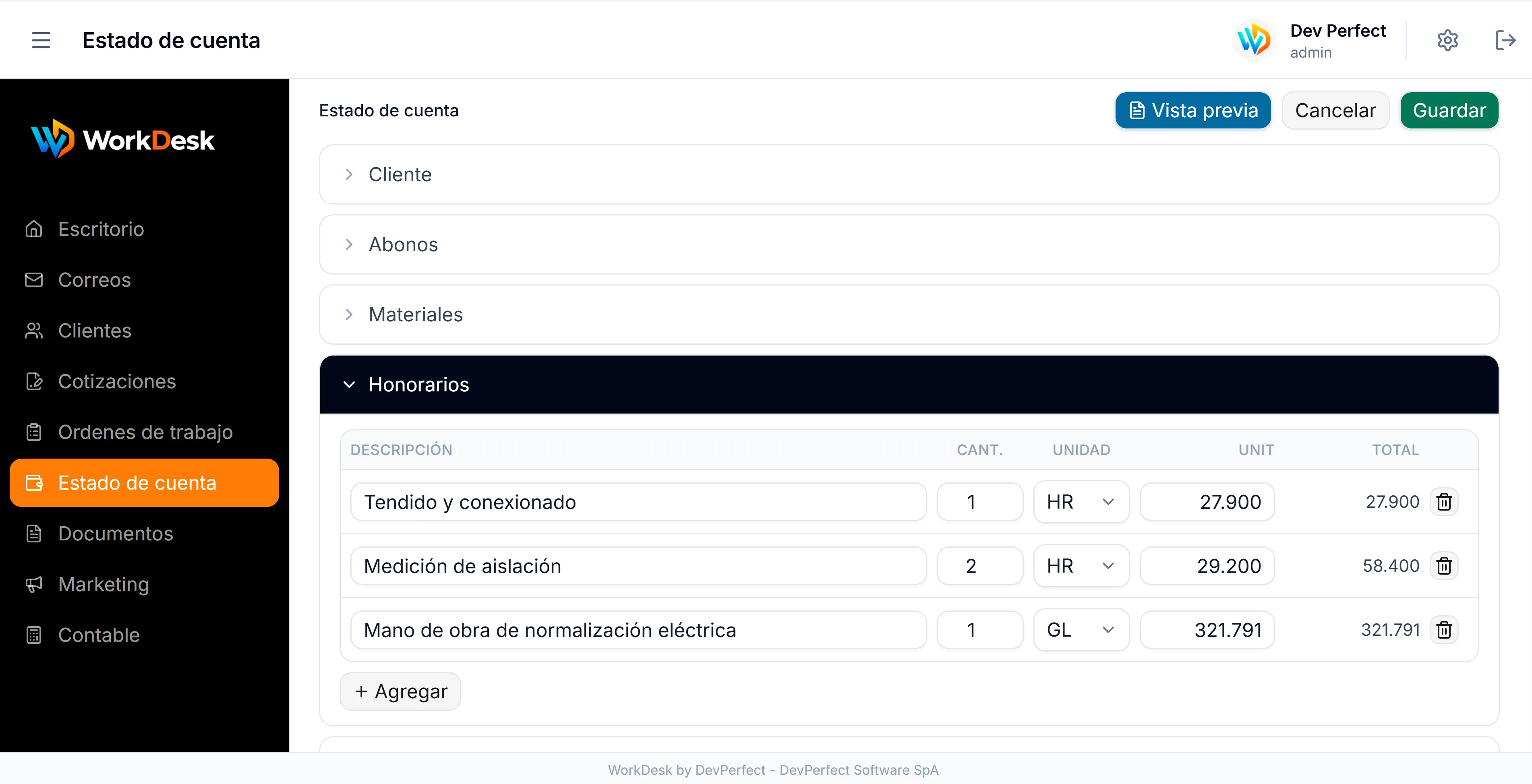 Pantalla del módulo Estado de cuenta de WorkDesk