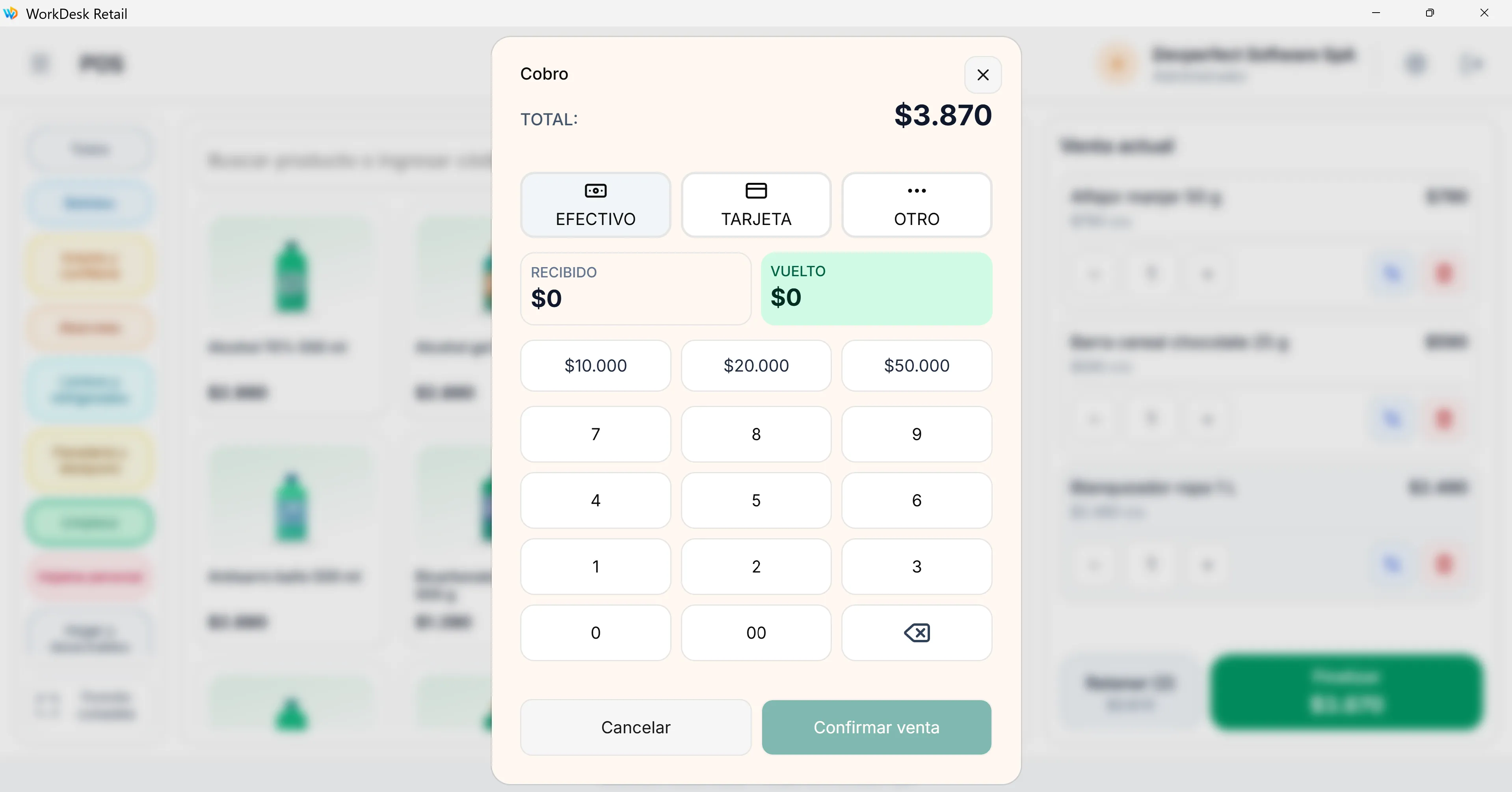Cobro de una venta con medio de pago, monto recibido, vuelto y teclado numérico