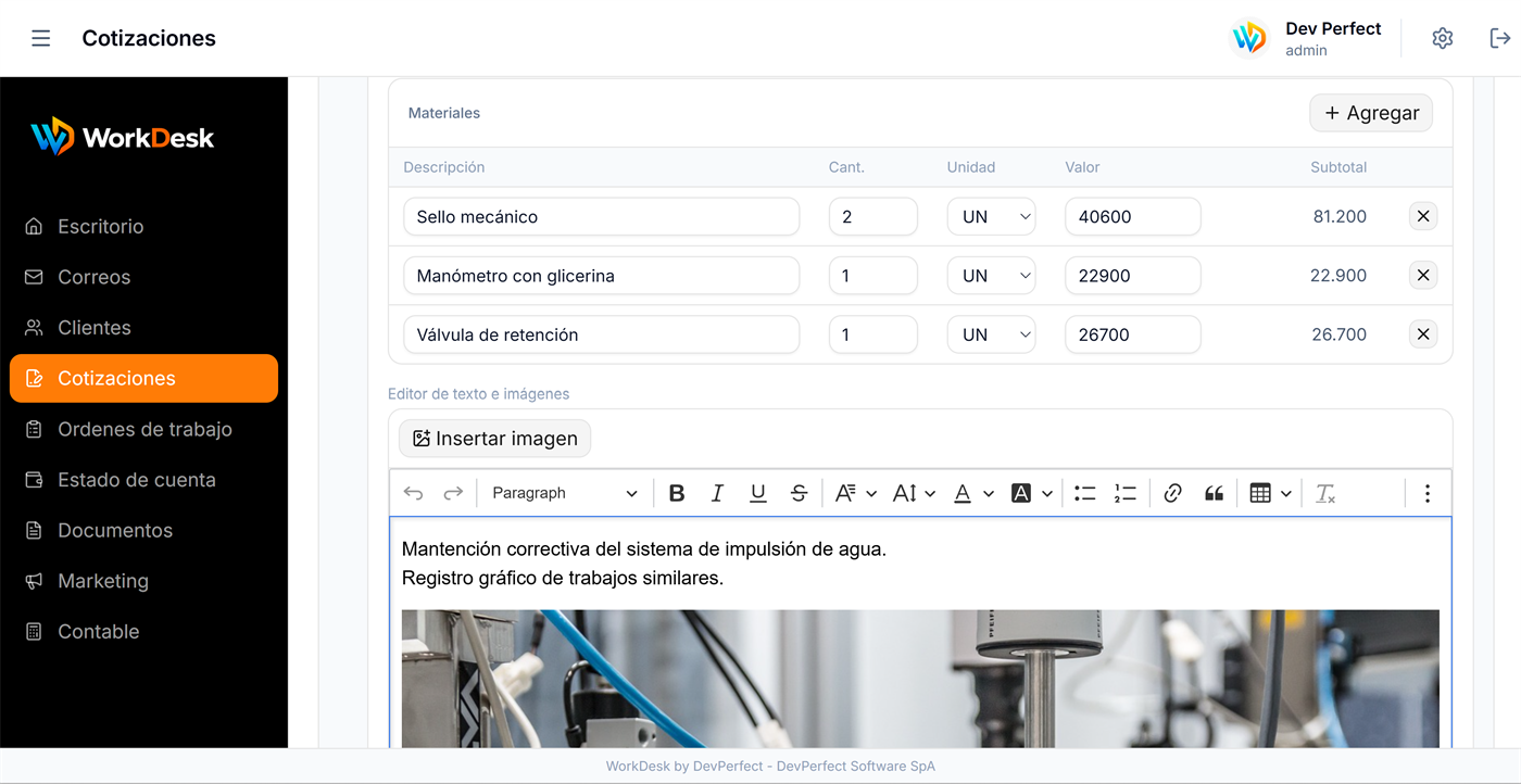 Módulo Cotizaciones de WorkDesk