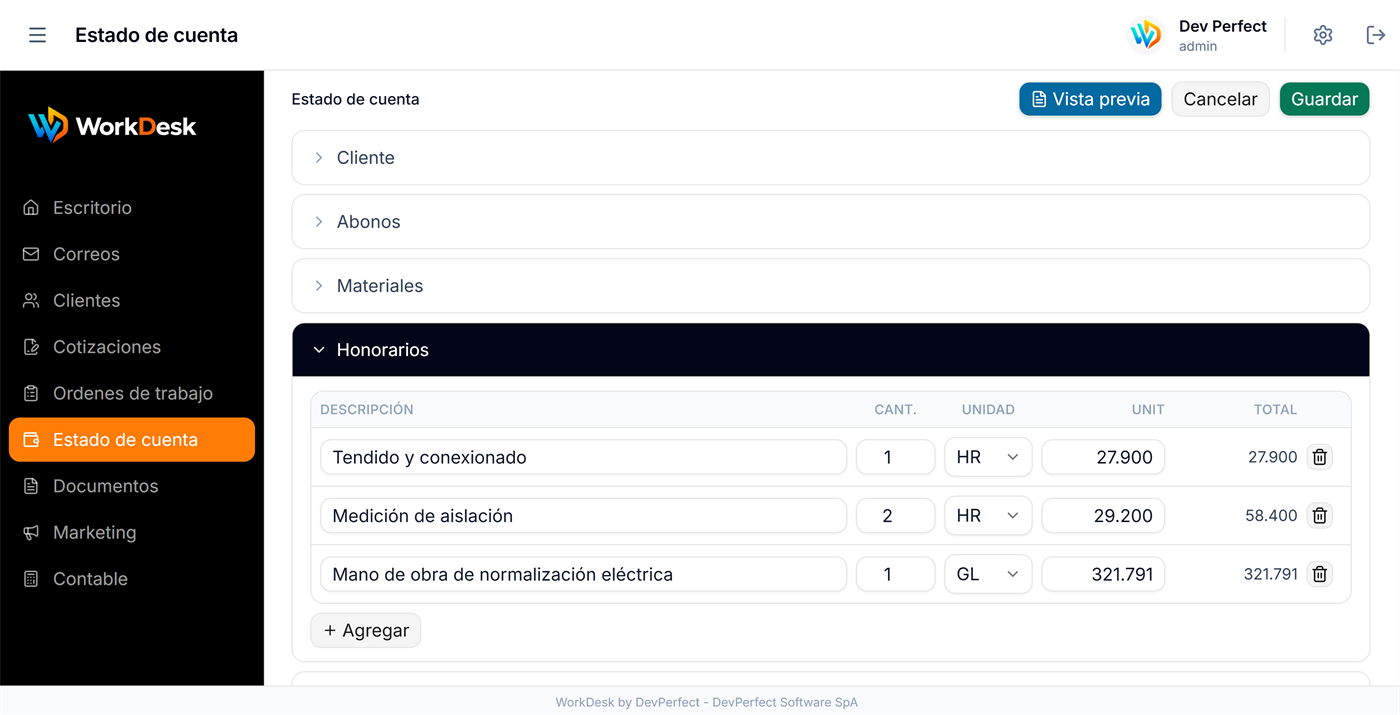 Módulo Estado de cuenta de WorkDesk